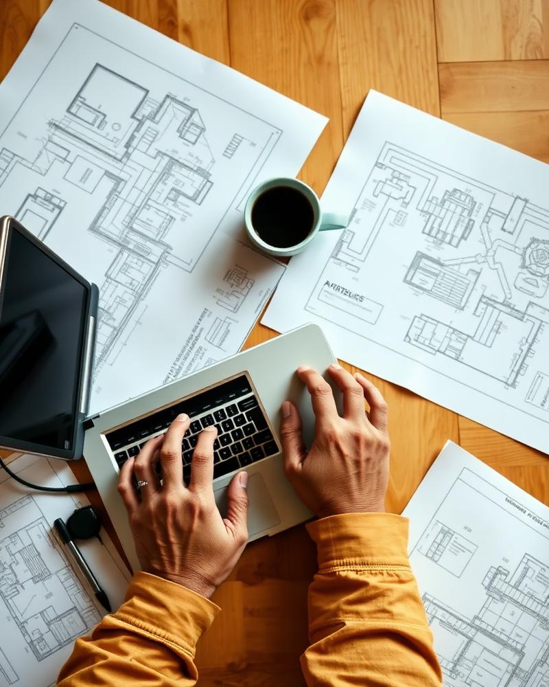 Mains d'artisan travaillant sur un ordinateur portable entouré de plans et d'une tasse de café
