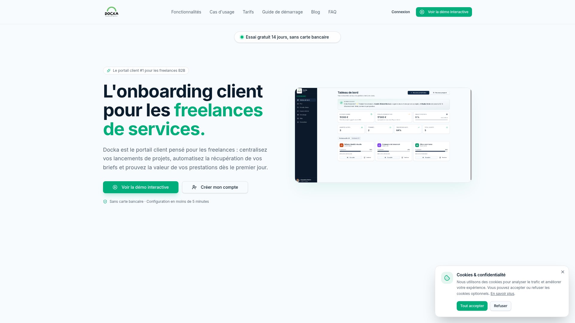Page d'accueil du site Docka, portail client pour freelances B2B