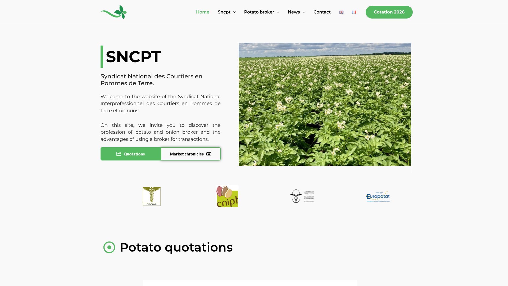Page d'accueil du site SNCPT, Syndicat National des Courtiers en Pommes de Terre